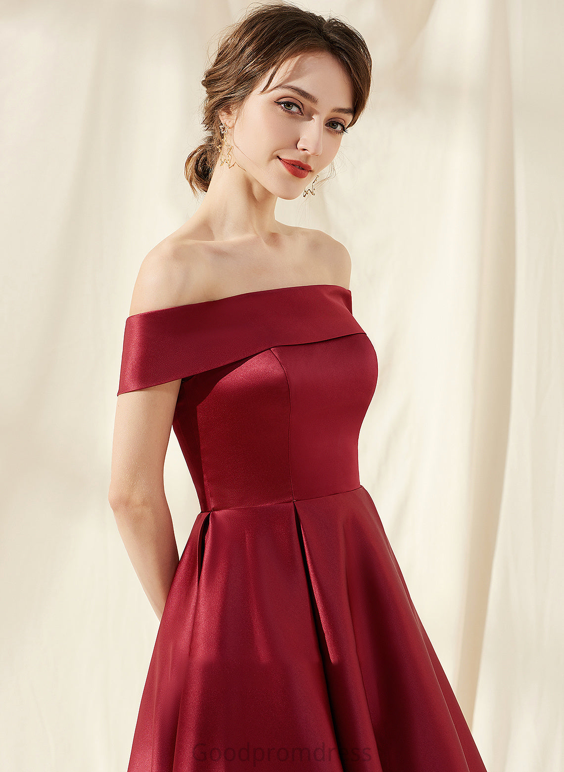 Silhouette Fabric Asymmetrical Length A-Line Off-the-Shoulder Embellishment Pockets Neckline Imani Sleeveless Natural Waist Bridesmaid Dresses