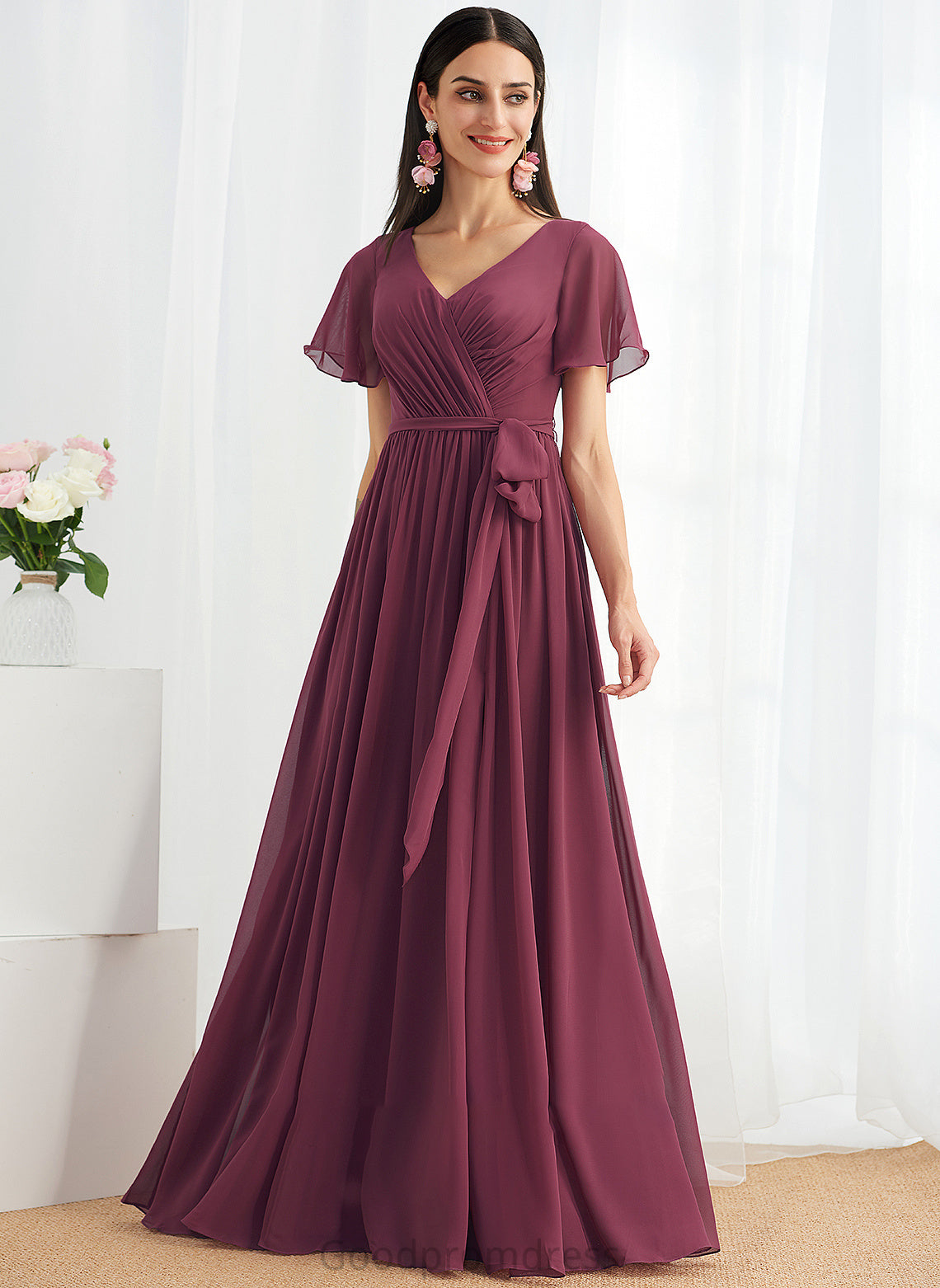 Floor-Length SplitFront A-Line V-neck Silhouette Neckline Length Fabric Embellishment Rebecca Straps A-Line/Princess Bridesmaid Dresses