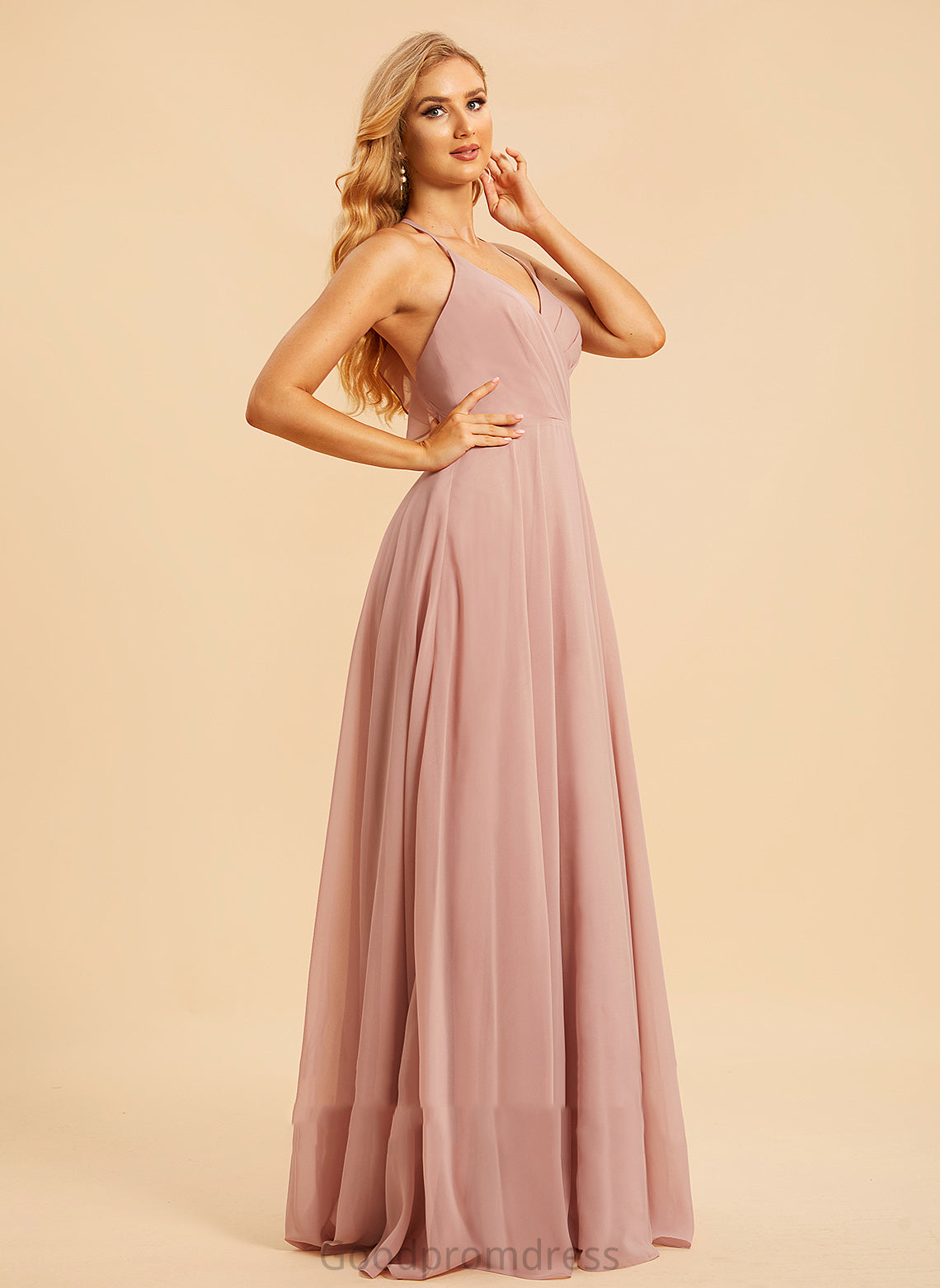 Neckline V-neck Ruffle A-Line Floor-Length Silhouette Embellishment Length Fabric Teresa Natural Waist V-Neck Bridesmaid Dresses