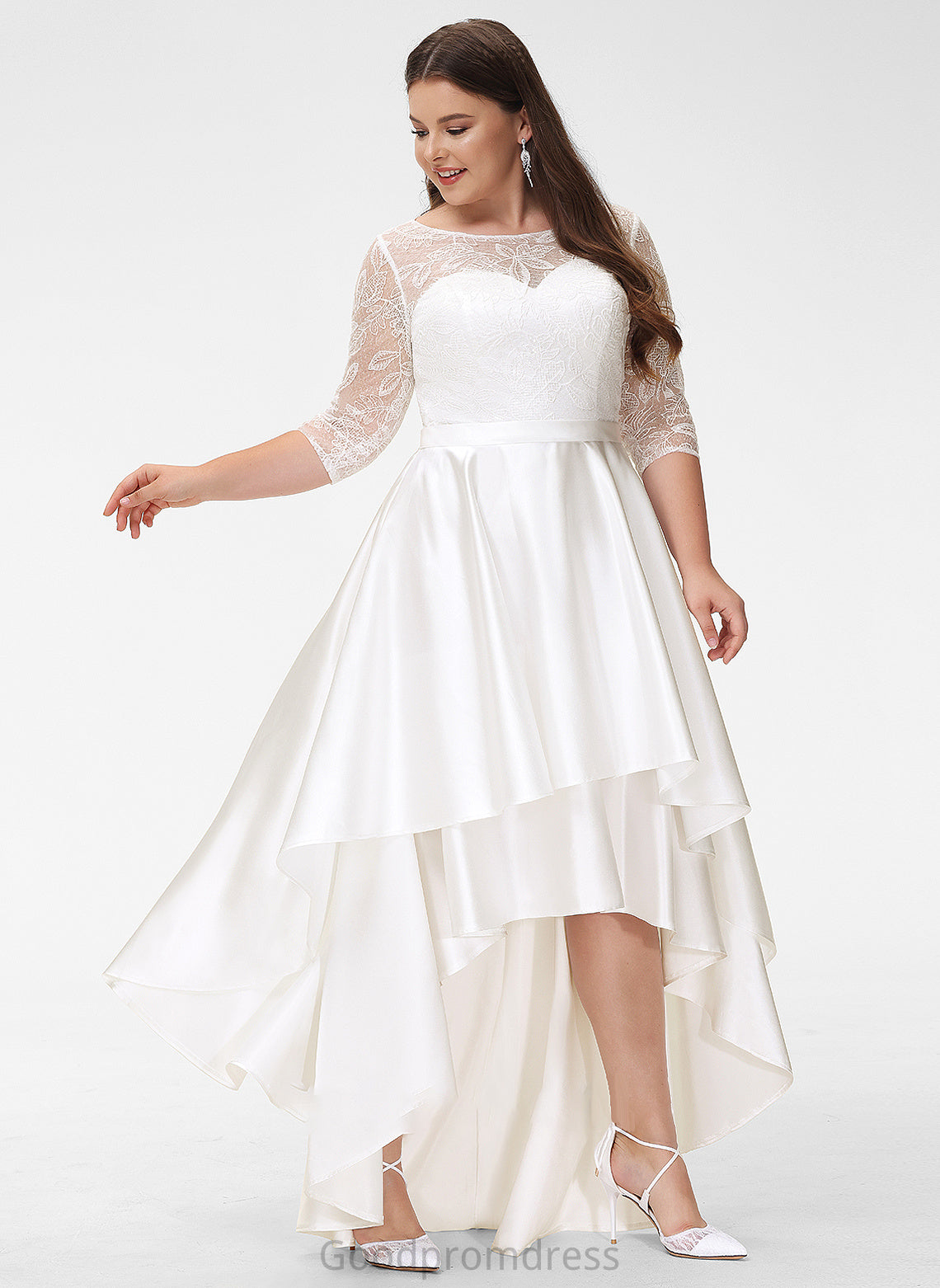 Wedding Dresses Scoop Lace Neck A-Line Asymmetrical Wedding Tina Dress Satin