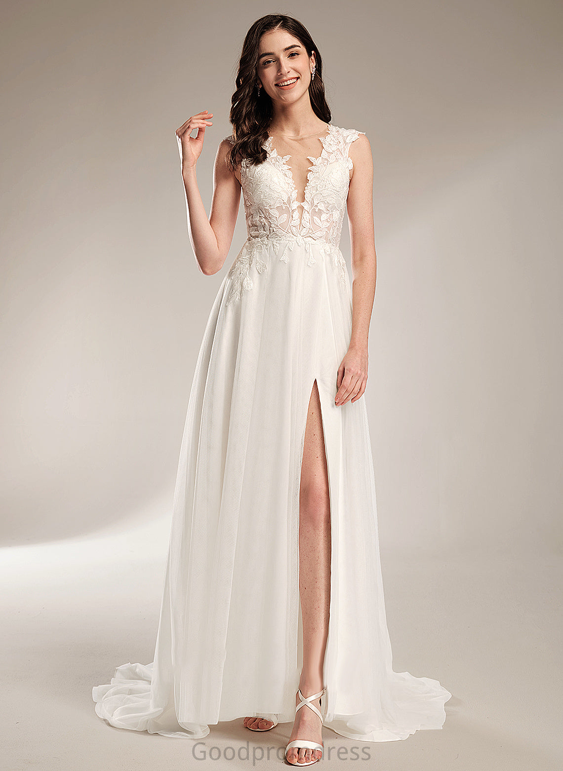 V-neck Sequins A-Line Wedding Dresses Train Dress With Wedding Saniyah Court