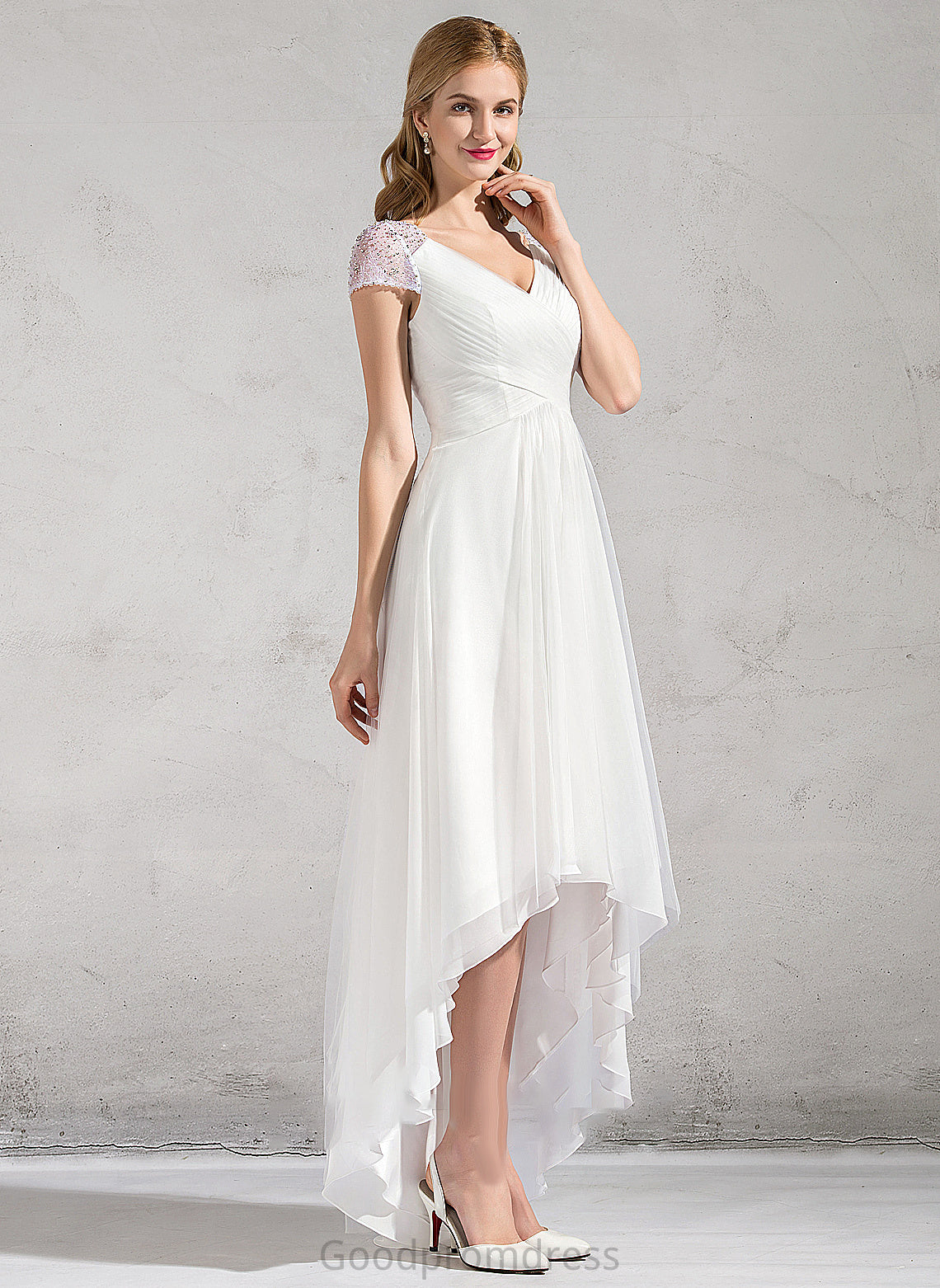 Ruffle Wedding Dresses Dress Sequins With Tulle Beading A-Line V-neck Wedding Asymmetrical Ellie