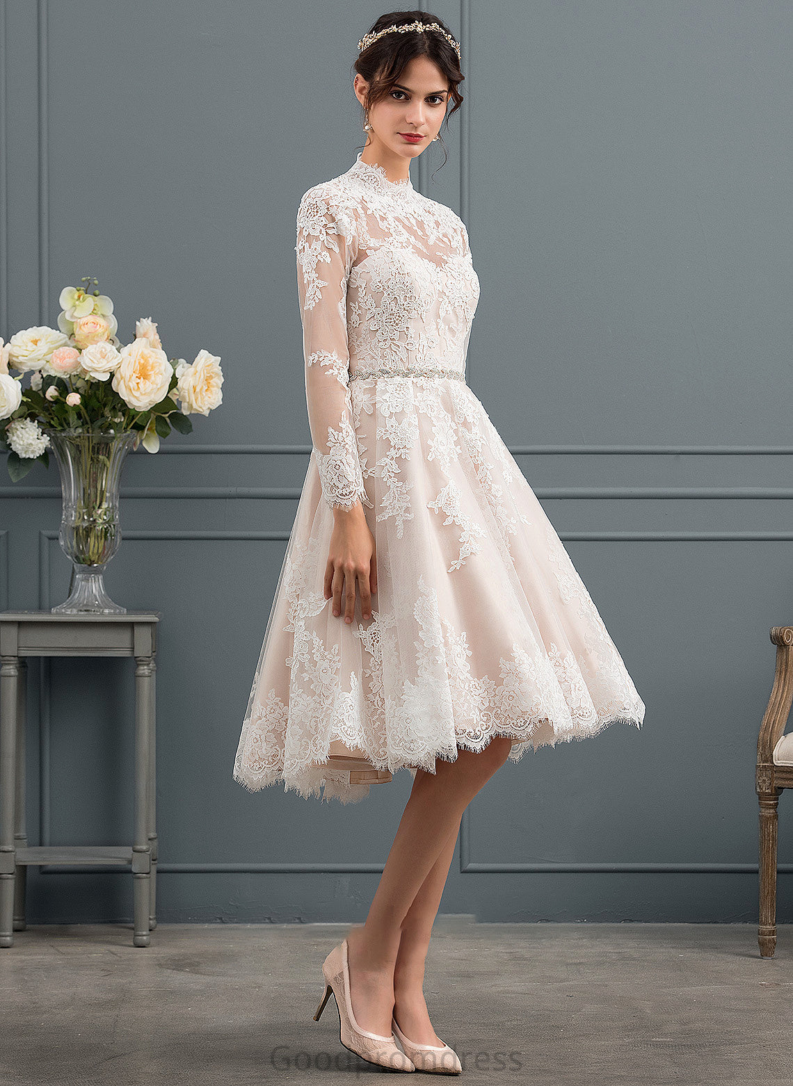 Dress A-Line Katrina Wedding Dresses Wedding Lace Knee-Length Illusion