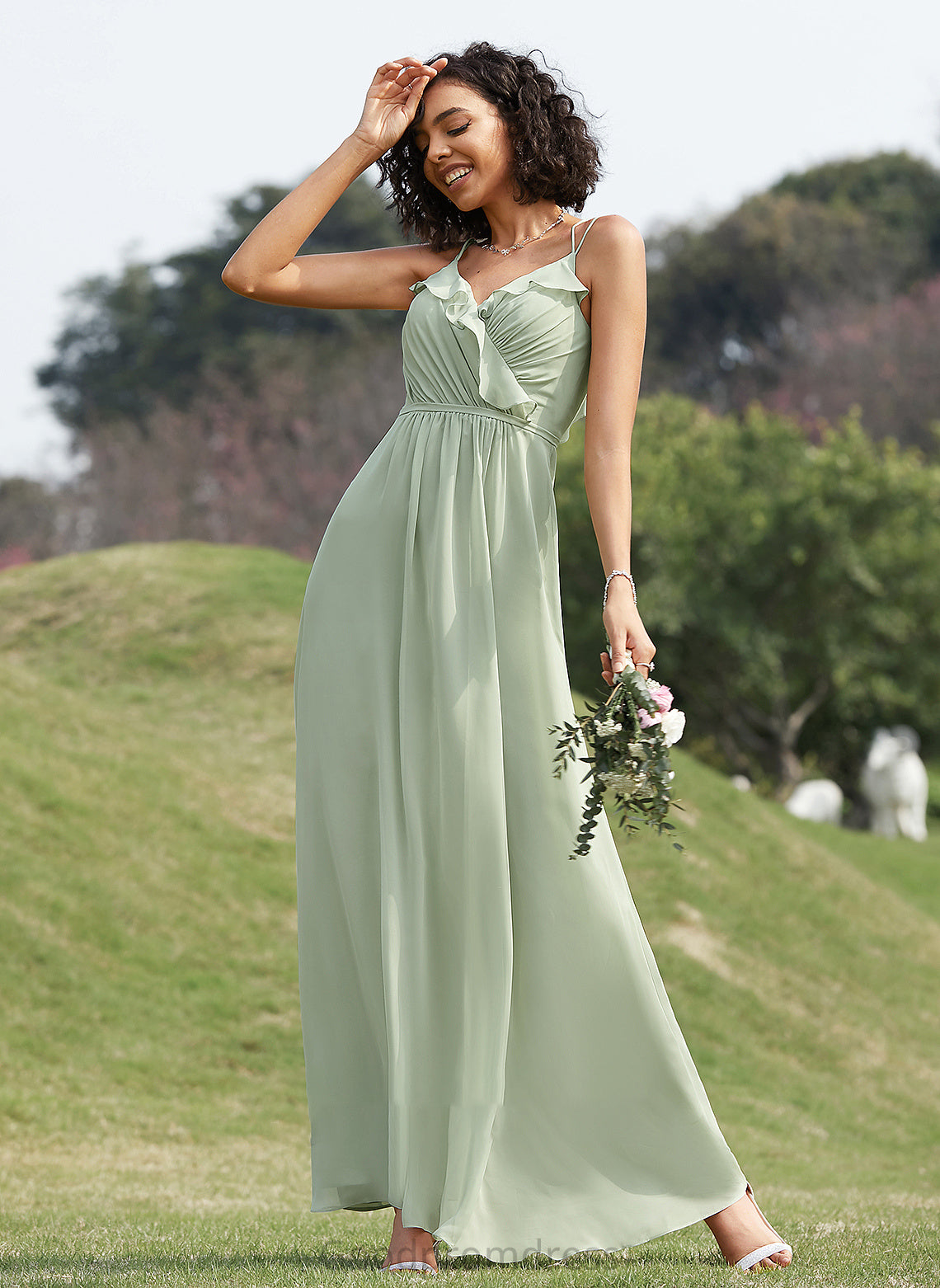 Silhouette Fabric Embellishment A-Line V-neck Ruffle Floor-Length Length Neckline Quintina A-Line/Princess Floor Length Bridesmaid Dresses