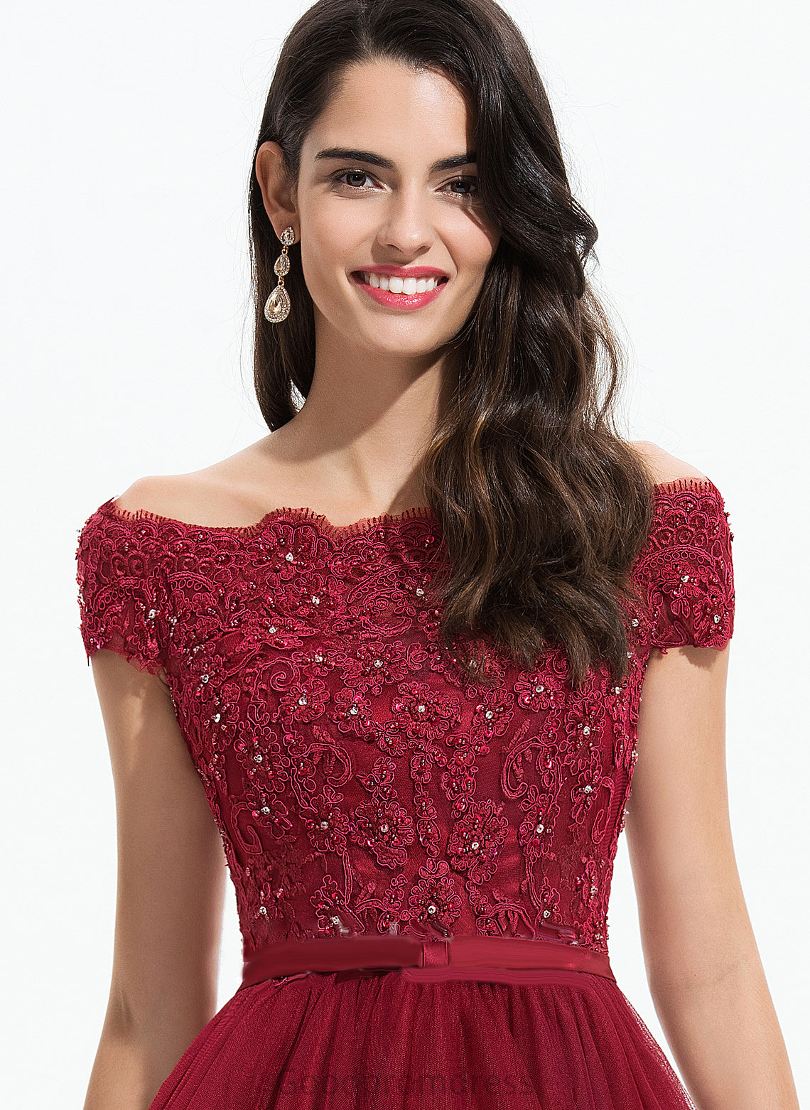 Neckline Length Tulle Fabric Lace Embellishment Sleeve Asymmetrical Off-the-Shoulder Sequins Bow(s) Beading Bridesmaid Dresses
