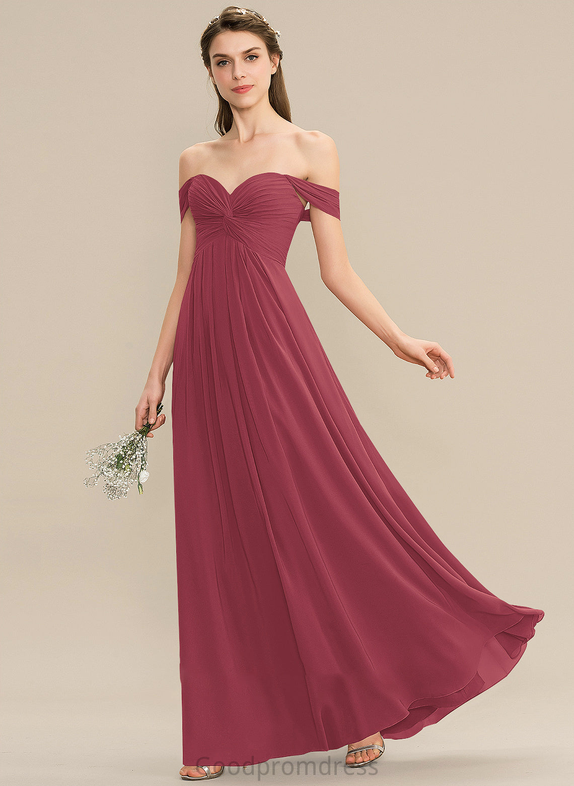 Length Neckline Off-the-Shoulder Ruffle Floor-Length Silhouette Embellishment A-Line Fabric Elliana V-Neck A-Line/Princess Bridesmaid Dresses