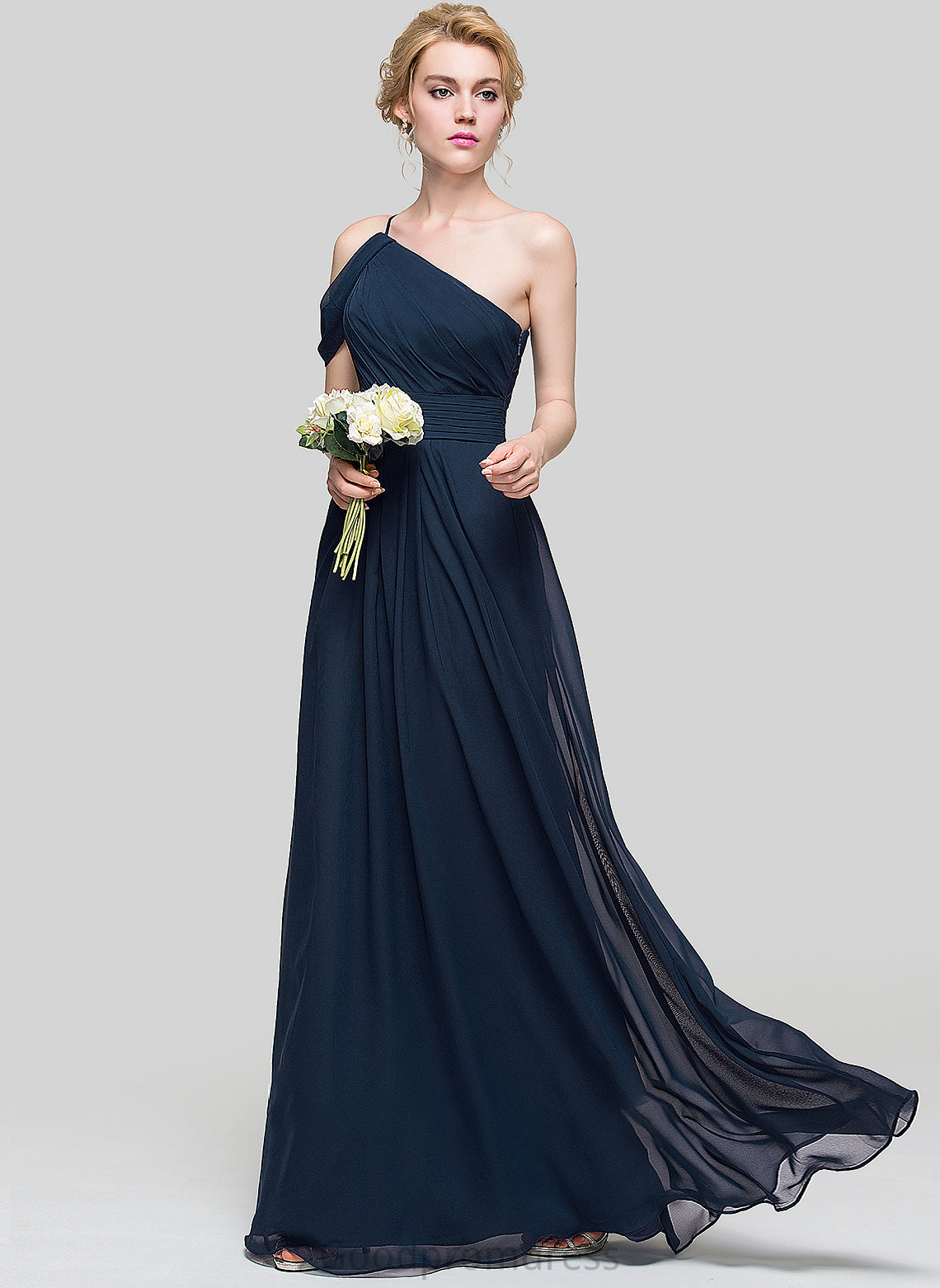 Silhouette Neckline A-Line Fabric Length Floor-Length Embellishment One-Shoulder Ruffle Hayley Natural Waist A-Line/Princess Bridesmaid Dresses