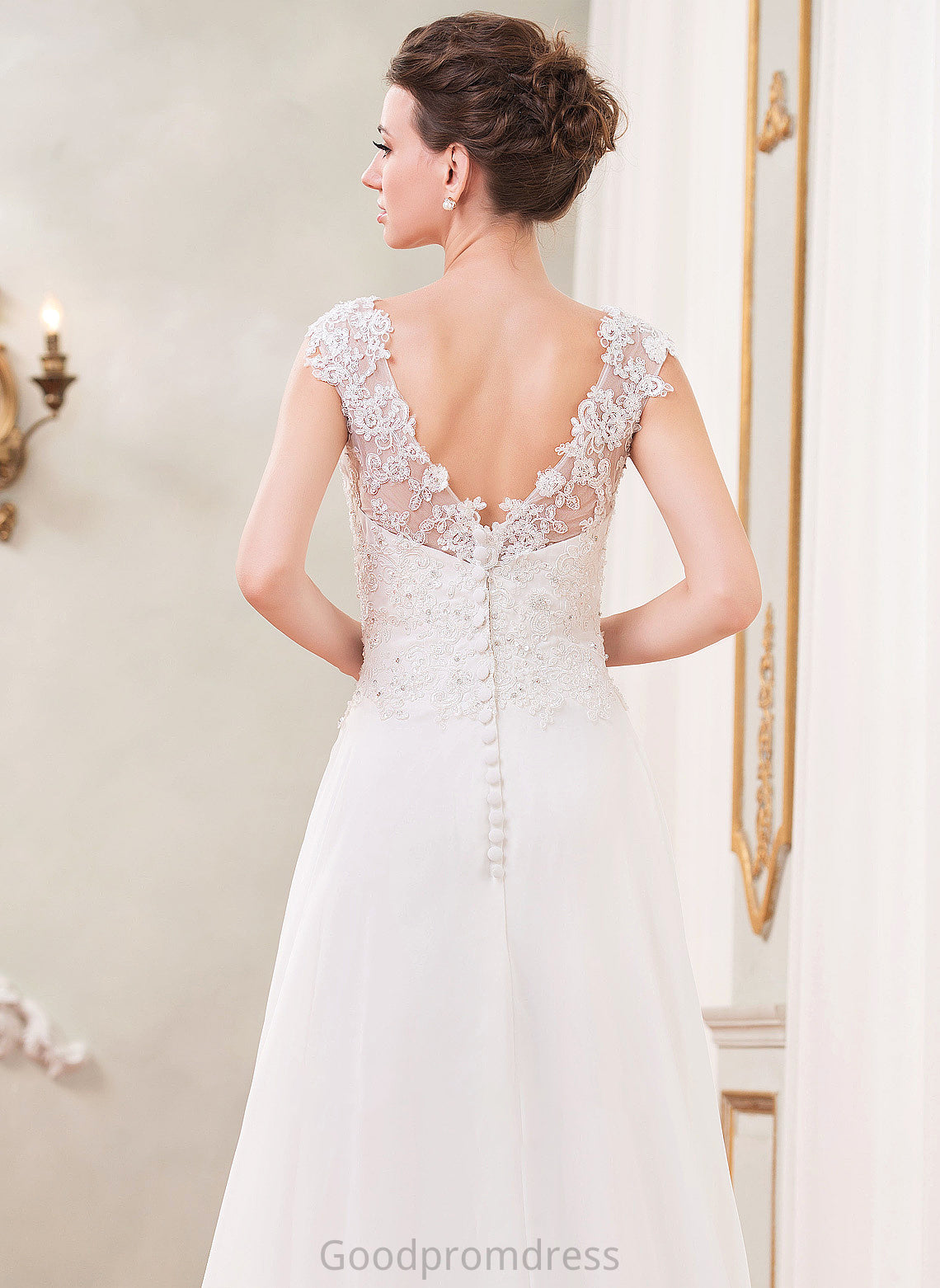 With V-neck Beading Wedding Sweep Sequins Lace Wedding Dresses Chiffon Dress Train Lori A-Line