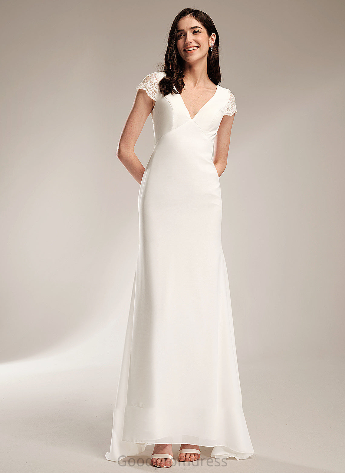 Jaslyn Sheath/Column Wedding Dresses With V-neck Dress Sweep Lace Wedding Train