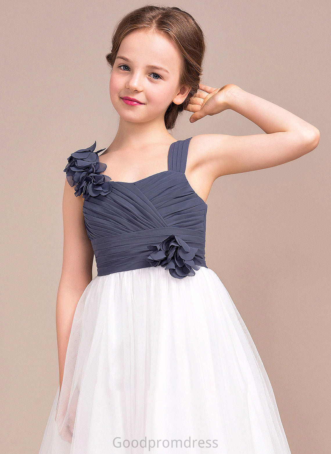 A-Line Floor-Length Ruffle With Tulle Chiffon Sweetheart Flower(s) Aubree Junior Bridesmaid Dresses