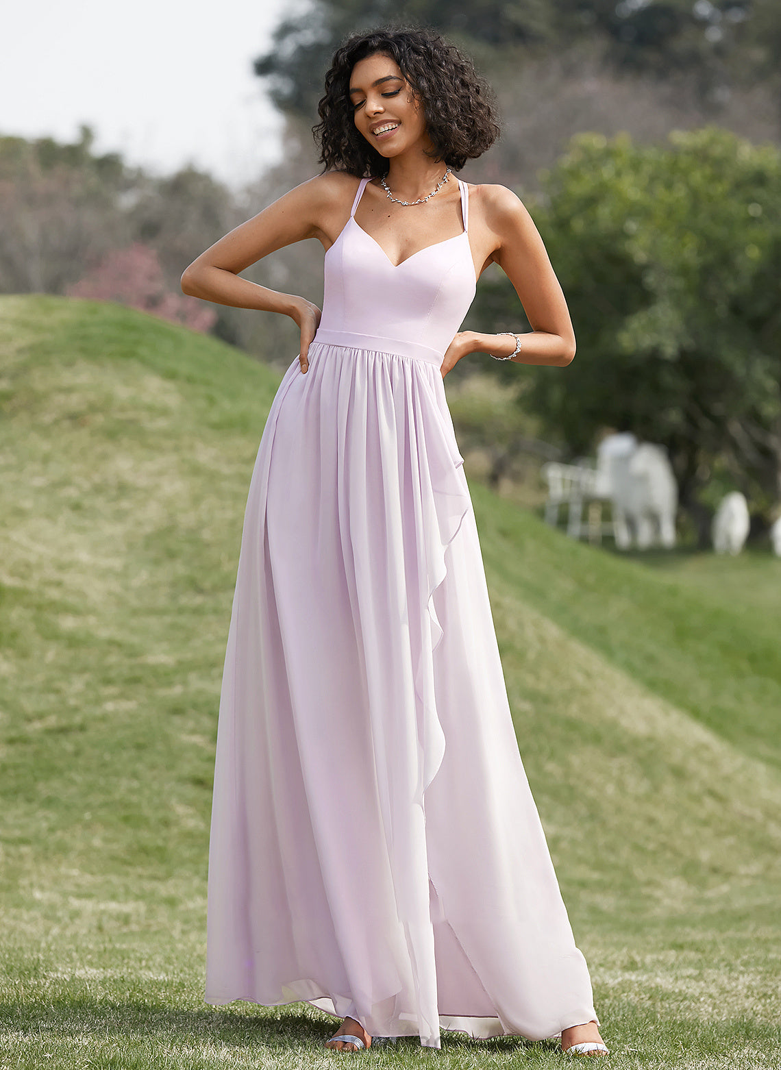 Neckline A-Line Ruffle V-neck SplitFront Embellishment Fabric Silhouette Asymmetrical Length Kylie V-Neck Bridesmaid Dresses