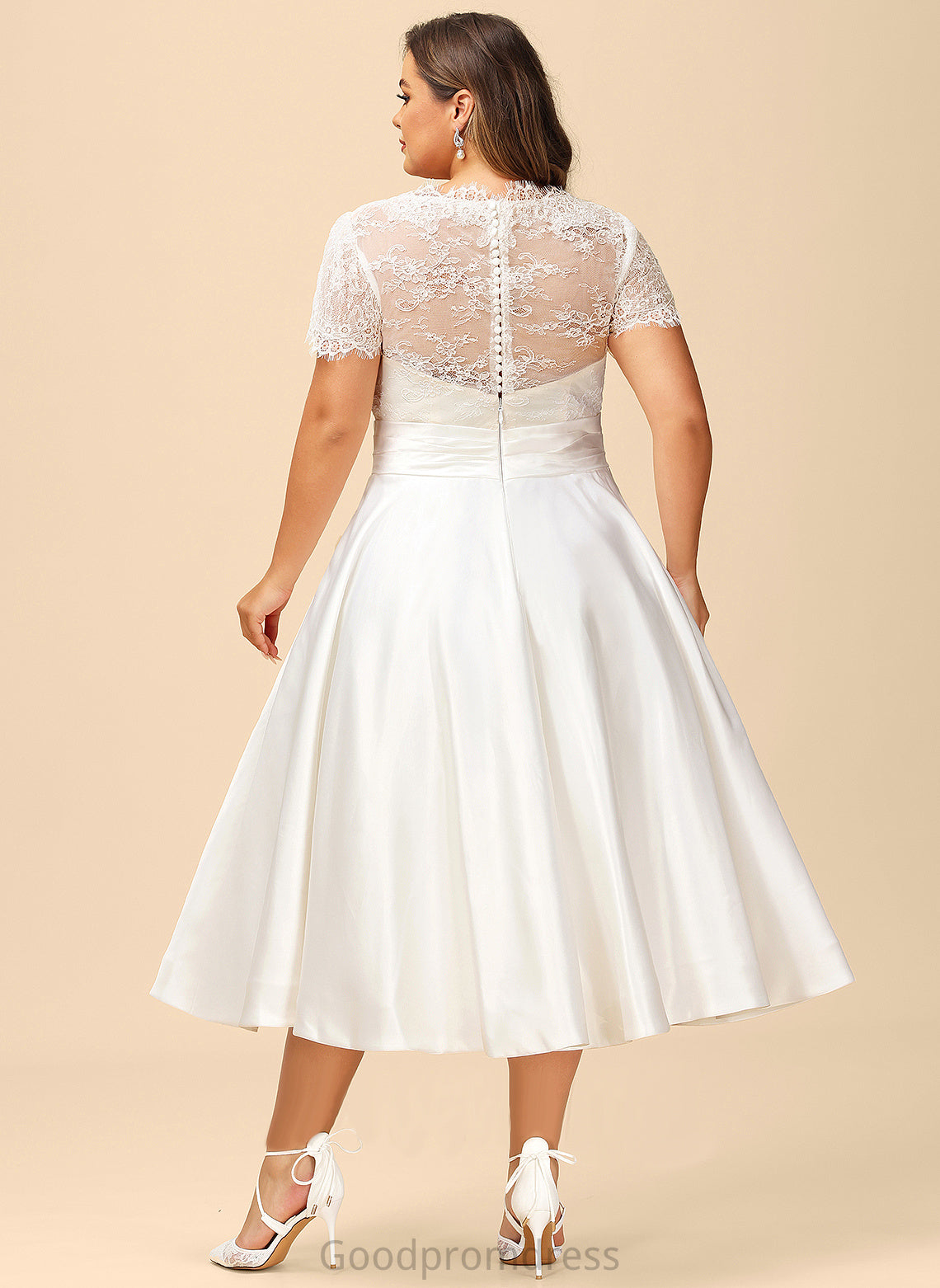 Wedding Dresses Ruffle Satin A-Line Tea-Length V-neck Wedding With Keira Lace Dress