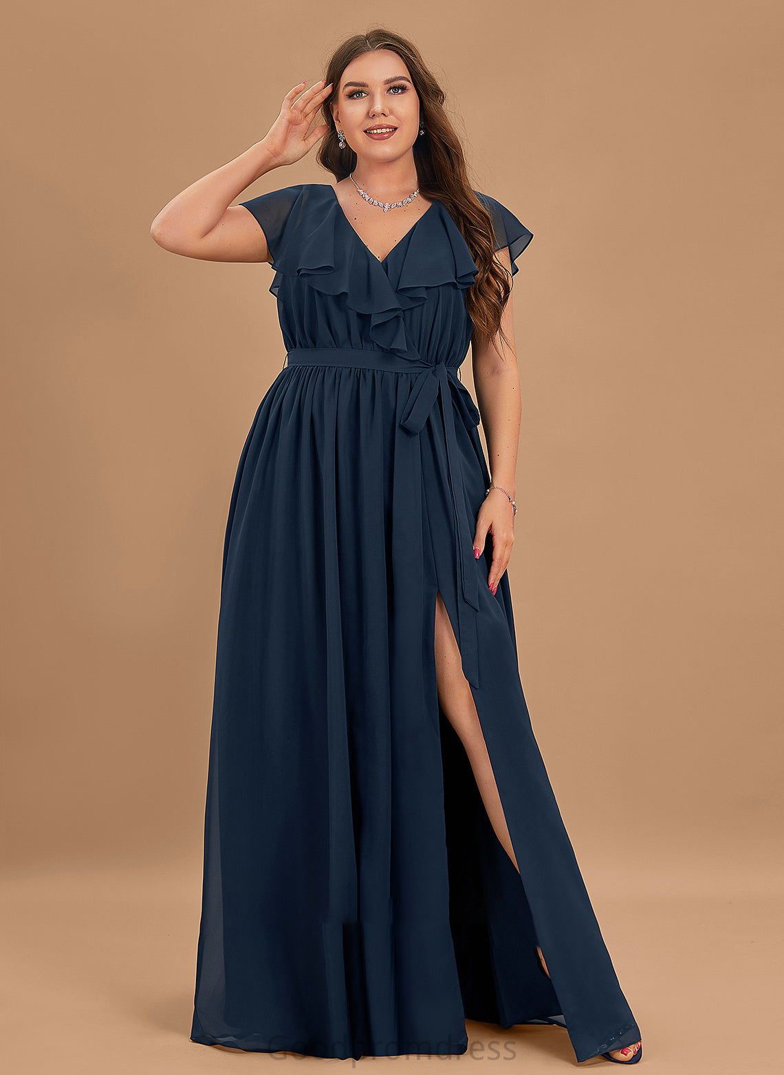 Split Chiffon Cascading V-neck Front A-Line Bow(s) Prom Dresses Gwendolyn Floor-Length With Ruffles